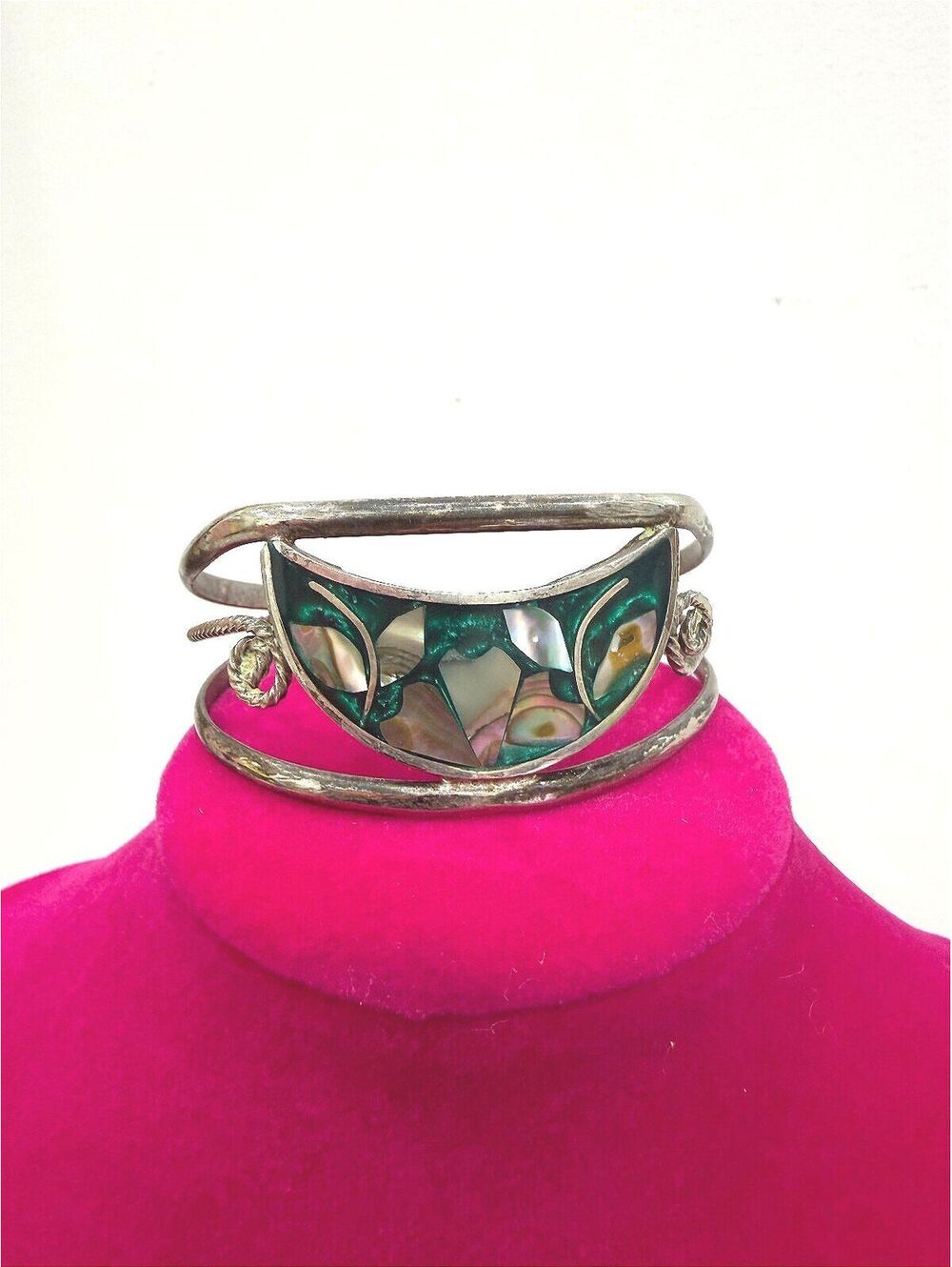 Vintage Silver Tone Cuff Bracelet with Green Abalone Shell Inlay Alpaca Mexico